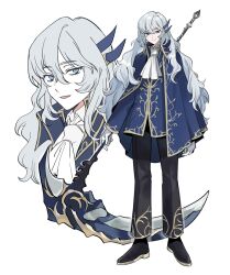 Rule 34 | 1boy, argalia (project moon), ascot, black pants, black shoes, blue cape, blue eyes, blue jacket, cape, closed mouth, collared cape, full body, gold trim, holding, holding scythe, jacket, library of ruina, long hair, long sleeves, looking at viewer, male focus, medu (rubish), multiple views, pants, project moon, scythe, shoes, simple background, solo, standing, very long hair, white ascot, white background, white hair
