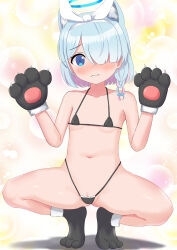 1girl absurdres animal_ear_fluff animal_ears animal_hands arona_(blue_archive) bare_shoulders bikini black_bikini black_footwear black_gloves blue_archive blue_eyes blue_hair blush braid breasts cameltoe cat_ears closed_mouth commentary_request covered_erect_nipples full_body fur-trimmed_gloves fur_trim gloves groin hair_ribbon hairband halo highres kemonomimi_mode loli michou micro_bikini multicolored_hair nose_blush paw_gloves paw_shoes pink_hair pussy pussy_peek ribbon shadow single_braid small_breasts solo spread_legs squatting swimsuit tiptoes two-tone_hair wavy_mouth white_hairband white_ribbon