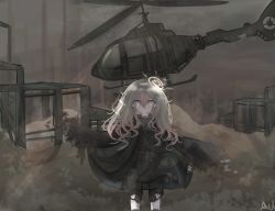 1girl aiu_. backlighting bad_id bad_pixiv_id bandolier battle belt blonde_hair hair_between_eyes highres military military_uniform original ruins scenery solo tears war weapon