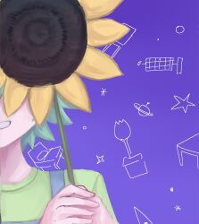 Rule 34 | 1boy, 4pm4unet, basil (headspace) (omori), basil (omori), blue overalls, flower, green hair, green shirt, holding, holding flower, looking at viewer, male focus, omori, open mouth, overalls, shirt, short hair, smile, solo, sunflower, t-shirt, thumbnail collage, upper body