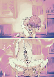 1girl absurdres anus ass ayanakitori bad_source bar_censor barefoot bent_over blush censored clothes_pull cum cum_on_screen futanari futanari_masturbation highres indoors kneeling masturbation motion_lines open_mouth original pajamas penis projectile_cum pussy pussy_juice school_uniform serafuku short_hair solo spread_legs sweat textless_version unworn_clothes