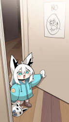 &lt;o&gt;_&lt;o&gt; 1girl :3 :d absurdres ahoge animal_ear_fluff animal_ears aqua_eyes aqua_hoodie blush boots brown_boots child&#039;s_drawing cocomayo29_(tomato) commentary_request fang fox_ears fox_girl highres hololive hood hood_down indoors korean_commentary long_hair long_sleeves miteiru_(shirakami_fubuki) mittens open_door open_mouth photo-referenced shirakami_fubuki smile snow_boots solo standing virtual_youtuber white_hair white_mittens wooden_floor