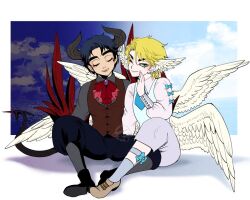Rule 34 | 2boys, aged down, alternate costume, angel wings, ascot, black hair, black horns, black pants, black shoes, blonde hair, blue ascot, bow, closed eyes, collared shirt, commentary, commentary request, demon boy, demon horns, demon tail, demon wings, dio brando, ear birthmark, ear sea mimi, feathered wings, feathers, green eyes, grey pants, grey shirt, grey socks, head wings, horns, jojo no kimyou na bouken, jonathan joestar, male focus, monsterification, multiple boys, multiple wings, pants, phantom blood, red bow, red vest, shirt, shoes, sitting, smile, socks, tail, vest, white wings, wings