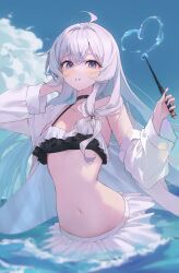 Rule 34 | 1girl, absurdres, ahoge, bare shoulders, bikini, bikini skirt, black bikini, black choker, blue eyes, blue sky, blush, breasts, choker, cleavage, cloud, collarbone, commentary, crossed bangs, day, drawn heart, elaina (majo no tabitabi), frilled bikini, frills, hair between eyes, hand in own hair, hands up, heart, highres, holding, holding wand, long hair, long sleeves, looking at viewer, majo no tabitabi, microskirt, navel, ocean, off shoulder, outdoors, parted lips, shiina 1001, shirt, sidelocks, single bare shoulder, single off shoulder, skirt, sky, small breasts, solo, stomach, swimsuit, symbol-only commentary, very long hair, wading, wand, water, wet, white hair, white shirt, white skirt, witch