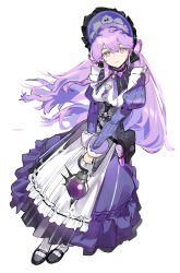 1girl absurdres apron artist_name black_bag black_collar bonnet breasts bright_pupils closed_mouth collar dress earrings full_body gohanduck hair_spread_out highres holding_lamp jewelry large_breasts long_dress long_hair looking_at_viewer missing_commentary purple_bonnet purple_dress purple_eyes purple_hair rosemary_(wuthering_waves) simple_background smile solo white_apron white_background white_pupils wuthering_waves