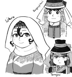 3girls :3 black_hair character_name closed_mouth copyright_request fur_trim hat hijab iranian_clothes jewelry looking_at_viewer mongolian_clothes multiple_girls roytukaee shorghaghtani_(tenmaku_no_jaadugar) sitara smile tenmaku_no_jaadugar toregene_(tenmaku_no_jaadugar) white_hijab