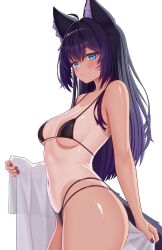 1girl :/ absurdres amora_(starnight17) animal_ear_fluff animal_ears bikini black_bikini blue_eyes blush borrowed_character breasts closed_mouth commentary commission cowboy_shot english_commentary facial_mark fang highres kershok long_hair medium_breasts micro_bikini one-piece_tan original purple_hair purple_nails skin_fang solo swimsuit tail tan tanline whisker_markings wolf_ears wolf_girl wolf_tail