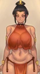 1girl absurdres alternate_breast_size armlet avatar:_the_last_airbender avatar_legends azula bare_shoulders black_hair bracelet breasts choker commentary crop_top crop_top_overhang curvy hair_bun highres jewelry kelvin_hiu large_breasts looking_at_viewer midriff pelvic_curtain short_hair smile solo standing stomach topknot tsurime wide_hips