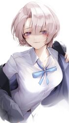 Rule 34 | 1girl, absurdres, arimura mao, belt, black belt, blue ribbon, blush, breasts, closed mouth, collarbone, commentary request, eyes visible through hair, gakuen idolmaster, grey jacket, hair over one eye, hatsuboshi gakuen school uniform, highres, idolmaster, jacket, looking at viewer, medium breasts, neck ribbon, open clothes, open jacket, pants, pink hair, purple eyes, ribbon, school uniform, shirt, short hair, simple background, smile, solo, takagi mitsukuni, upper body, white background, white pants, white shirt