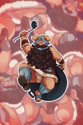 1boy absurdres ass bara beard blush body_blush brown_hair bulge derivative_work dungeon_meshi dwarf facial_hair fake_horns fat fat_man helmet highres holding holding_ladle horned_helmet horns ladle long_beard looking_at_viewer lying male_focus merchandise_available multiple_views mustache on_stomach outline parody screenshot_redraw senshi_(dungeon_meshi) shiny_skin sparse_arm_hair sparse_leg_hair spread_legs thick_mustache thighs trashchaser very_long_beard walking white_outline