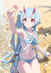 1girl arm_up armpits bag beach bikini blue_archive blue_bikini blue_hair blue_halo blush breasts camisole chise_(blue_archive) chise_(swimsuit)_(blue_archive) closed_mouth collarbone commentary_request crab flower gradient_horns hair_flower hair_ornament halo highres holding horns long_hair multicolored_horns navel official_alternate_costume official_alternate_hairstyle oni outdoors red_eyes red_horns rock sailor_bikini sailor_collar sand sandals seashell see-through_camisole see-through_clothes shell shoulder_bag shrimp1634 side-tie_bikini_bottom side_ponytail sidelocks skin-covered_horns small_breasts smile solo stomach striped_bikini striped_clothes swimsuit very_long_hair