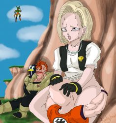 1girl 3boys android_16 android_18 bald black_gloves blue_eyes blush cell_(dragon_ball) closed_eyes clothed_sex clothes collar cunnilingus dragonball_z face_in_crotch flying gloves head_between_legs highres kinkybird kuririn multiple_boys muscular muscular_male open_clothes open_mouth oral surprised