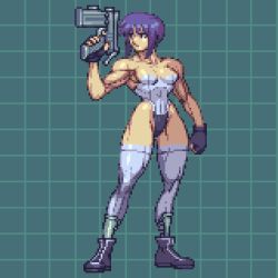 1girl bare_shoulders black_footwear black_gloves breasts clenched_hand closed_mouth collarbone covered_navel cyborg fingerless_gloves ghost_in_the_shell gloves grid grid_background gun holding holding_gun holding_weapon kusanagi_motoko leotard muscular muscular_female omegachaino pixel_art purple_eyes purple_hair revealing_clothes short_hair solo standing thighhighs weapon white_thighhighs