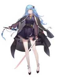 absurdres biryu_soso blue_hair breasts highres korean_clothes long_hair medium_breasts non-web_source original see-through_clothes see-through_sleeves soso yellow_eyes