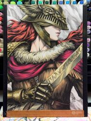 Rule 34 | 1girl, amputee, armor, art tools in frame, cape, commentary, covered eyes, elden ring, english commentary, fur-trimmed collar, fur trim, gold armor, golden sword, helmet, helmet over eyes, highres, malenia blade of miquella, mechanical arms, parted lips, prosthesis, prosthetic arm, red cape, signature, single mechanical arm, solo, stanley lau, winged helmet