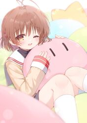 Rule 34 | 1girl, antenna hair, blurry, blush, brown eyes, brown hair, clannad, feet out of frame, furukawa nagisa, hair between eyes, hair ornament, highres, hikarizaka private high school uniform, hugging object, knees up, long sleeves, looking at viewer, one eye closed, open mouth, sailor collar, sakura aki, school uniform, short hair, sleeves past wrists, smile, socks, solo, white sailor collar, white socks