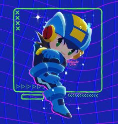 Rule 34 | 1boy, artist name, blue bodysuit, blue helmet, bodysuit, chibi, full body, green eyes, helmet, male focus, mega man (series), mega man battle network (series), megaman.exe, netnavi, solo, vina comeco