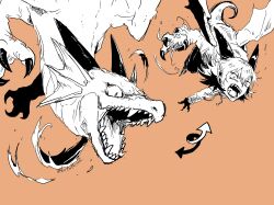 Rule 34 | 1boy, animal hands, claws, commentary request, dragon, dragon boy, dragon horns, dragon tail, dragon wings, dual persona, greyscale with colored background, highres, horns, hotathino, jacket, male focus, monster boy, open mouth, orange background, orange theme, original, sharp teeth, short hair, simple background, solo, tail, teeth, western dragon, wings