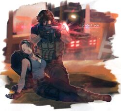 Rule 34 | 1boy, 1girl, aiming, artist name, assault rifle, black gloves, black hair, blue shirt, brown hair, carlos oliveira, fingerless gloves, gloves, gun, holding, holding gun, holding weapon, jill valentine, kneeling, mappo m2, pants, resident evil, resident evil 3: nemesis, resident evil 3 (remake), rifle, shirt, weapon