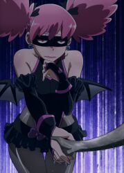1girl absurdres anime_screenshot black_gloves black_leotard black_skirt boku_no_hero_academia demon_wings disgust earrings eye_mask fake_wings fingerless_gloves gloves grey_pantyhose haneyama_kazuho highres jewelry leotard looking_at_another miniskirt open_mouth outstretched_arm pantyhose pink_eyes pink_hair ryona skirt solo third-party_edit twintails vigilante_-boku_no_hero_academia:_illegals- wavy_mouth wings