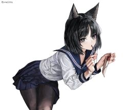 Rule 34 | 1girl, animal ears, black eyes, black hair, black pantyhose, blue archive, blue sailor collar, blue skirt, cat ears, cat girl, food, highres, holding, holding food, holding pocky, kikyou (blue archive), kozimo123456, looking at viewer, pantyhose, pleated skirt, pocky, sailor collar, school uniform, serafuku, simple background, skirt, solo, white background, white serafuku