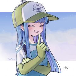 Rule 34 | 1girl, baseball cap, blue hair, commentary request, gloves, green gloves, green hat, hat, highres, humanization, index finger raised, inkling girl, inkling player character, letterboxed, long hair, loose hair strand, nintendo, orange gloves, outside border, rubber gloves, salmon run (splatoon), signature, smile, solo, splatoon (series), splatoon 3, tentacle hair, yake zake