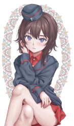 1girl brown_hair crossed_legs emblem girls_und_panzer hat insignia kuromorimine_(emblem) kuromorimine_military_uniform legs looking_at_viewer military military_hat military_uniform nishizumi_maho pele_maniax school_uniform sitting solo
