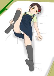 1girl absurdres bed black_dress black_socks blush brown_eyes brown_hair crotch_seam dress flat_chest futon green_shirt hair_ornament hairclip highres holding_own_leg kneehighs leg_up loli looking_at_viewer lying on_bed original panties pee_stain sexless2012 shirt short_hair short_sleeves sleeveless sleeveless_dress socks stained_panties underwear white_panties
