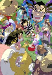 3girls 6+boys aqua_hair artist_request black_hair blue_hair blunt_bangs chonmage commentary denjirou_(one_piece) english_commentary from_above hakama hat highres horns inuarashi_(one_piece) japanese_clothes kawamatsu kikunojo_(one_piece) kimono kinemon kouzuki_momonosuke kurozumi_tama long_hair multiple_boys multiple_girls nekomamushi official_art on_grass one_piece open_mouth outdoors ponytail purple_hair raizo_(one_piece) red_hakama rope round_teeth sash scar scar_on_face scarf shimenawa shinobu_(one_piece) sidelocks sleeping sleeveless sleeveless_kimono sword sword_on_back teeth topknot twintails weapon weapon_on_back white_hair yamato_(one_piece)