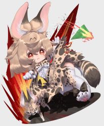 absurdres animal animal_ears animal_print belt bow bowtie brown_hair burning burnt burnt_clothes chibi creature_and_personification crying crying_with_eyes_open elbow_gloves fire gloves hair_between_eyes high-waist_skirt highres huge_filesize kemono_friends light_brown_hair medium_hair multicolored_hair notora paper_airplane paw_shoes personification print_bow print_gloves print_neckwear print_skirt red_eyes serval serval_(kemono_friends) serval_tail shoes skirt tail tears thighhighs throwing two-tone_bow two-tone_bowtie two-tone_hair