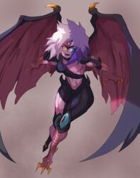0lightsource 1other absurdres androgynous black_pants black_shirt blue_eyes breasts brown_background claws cleavage cleavage_cutout clothing_cutout colored_skin commentary crazy_smile crop_top demon_wings english_commentary fangs flying full_body furrowed_brow glowing glowing_eyes grey_wings heterochromia highres knee_pads midriff multicolored_hair orange_eyes other_focus oversized_wings pants pink_skin pink_wings purple_hair shirt shoulder_spikes simple_background smile solo spikes talons teeth third_eye tsurime turtleneck turtleneck_shirt two-tone_hair two-tone_wings white_hair wide-eyed wings yu-gi-oh! yu-gi-oh!_gx yubel