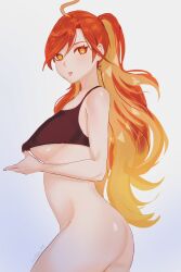 1girl ahoge aoiabyss ass black_tank_top breasts clothes_lift collarbone crop_top genshin_impact high_ponytail highres large_breasts long_hair looking_at_viewer mavuika_(genshin_impact) multicolored_eyes multicolored_hair nipples no_bra no_panties orange_eyes orange_hair ponytail shirt_lift solo standing streaked_hair swept_bangs tank_top thighs tongue tongue_out underboob very_long_hair white_background