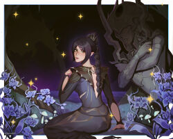 1girl absurdres baldur&#039;s_gate baldur&#039;s_gate_3 black_dress black_hair blue_flower closed_mouth dress dungeons_&amp;_dragons dungeons_&amp;_dragons flower hair_ornament highres knife long_hair long_sleeves looking_at_viewer looking_back multi-tied_hair nina_(rizukana4) pointy_ears shadowheart_(baldur&#039;s_gate) sitting solo statue tree