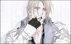 1boy black_gloves black_necktie blonde_hair blue_eyes blush border bruise bruise_on_face coat collarbone collared_shirt final_fantasy final_fantasy_vii final_fantasy_vii_rebirth final_fantasy_vii_remake fingerless_gloves gloves grey_shirt hashtag-only_commentary highres injury long_sleeves loose_necktie male_focus medicine necktie open_mouth pill pill_in_mouth quxiaochong rufus_shinra shirt short_hair solo sweat upper_body white_border white_coat