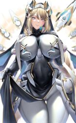 1girl armored_bodysuit black_gloves blonde_hair blue_eyes bodysuit braid breasts clothes_lift covered_navel cowboy_shot elbow_gloves floating floating_object gloves goddess_of_victory:_nikke gold_trim hair_between_eyes headgear highres huge_breasts impossible_bodysuit impossible_clothes kouglof0141 long_hair looking_at_viewer pelvic_curtain pelvic_curtain_lift rapunzel_(nikke) solo very_long_hair white_bodysuit