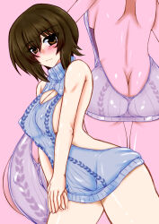 1girl ass backless_outfit blush breasts brown_eyes brown_hair cleavage clothing_cutout covered_erect_nipples girls_und_panzer large_breasts looking_at_viewer multiple_views nishizumi_maho sleeveless sleeveless_sweater solo sweater te2