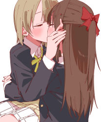 Rule 34 | 2girls, arms around waist, black jacket, blonde hair, blush, bow, brown hair, closed eyes, commentary, hair bow, hand on another&#039;s face, haruruhaharur, highres, jacket, kiss, long sleeves, love live!, love live! nijigasaki high school idol club, multiple girls, nakasu kasumi, neck ribbon, nijigasaki school uniform, osaka shizuku, plaid clothes, plaid skirt, pleated skirt, red bow, ribbon, school uniform, shirt, short hair, simple background, skirt, symbol-only commentary, white background, white shirt, white skirt, yellow ribbon, yuri