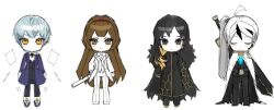 Rule 34 | 1boy, 3boys, angela (project moon), badge, binah (project moon), black cape, black dress, black eyes, black hair, blue hair, brown eyes, brown hair, cape, closed eyes, closed mouth, colored inner hair, distortion, dress, full body, gold trim, hexagon print, library of ruina, long hair, malkuth (project moon), multicolored hair, multiple boys, project moon, sanc cm, short hair, side ponytail, simple background, smile, streaked hair, unfinished, very long hair, white background, white cape, white hair, yan vismok
