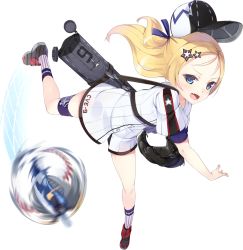 1girl :d aircraft airplane ankle_socks azur_lane bag bare_arms baseball baseball_glove baseball_uniform bike_shorts black_shoes blonde_hair blue_eyes blue_ribbon blush bogue_(azur_lane) buttons clothes_writing dress duffel_bag eyebrows eyelashes facing_away fang female_focus flat_chest flight_deck floating_hair forehead full_body hair_ornament hair_ribbon hat kaede_(yumesaki_kaede) long_hair looking_at_viewer motion_blur multicolored_dress multicolored_hat multicolored_legwear official_art one_side_up open_mouth perspective pitching puffy_short_sleeves puffy_sleeves ribbon shoes short_dress short_sleeves smile socks solo sportswear standing standing_on_one_leg star_(symbol) star_hair_ornament star_print straight_hair strap striped_clothes striped_socks thigh_strap throwing tongue transparent_background tsurime vertical-striped_clothes vertical-striped_socks