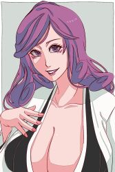 1girl artist_request black_kimono bleach bleach:_sennen_kessen-hen breasts cleavage female_focus highres hikifune_kirio huge_breasts japanese_clothes kimono lipstick long_hair looking_at_viewer makeup matching_hair/eyes nail_polish purple_eyes purple_hair solo upper_body