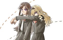 arms_on_another&#039;s_shoulder blonde_hair brown_hair curly_hair hair_ornament hairclip headband highres light_smile looking_at_viewer nirvana_(w688348960) pleated_skirt purple_eyes purple_ribbon red_ribbon ribbon saijou_claudine school_uniform shirt shoujo_kageki_revue_starlight shoujo_kageki_revue_starlight_-re_live- skirt tendou_maya wavy_hair white_background white_shirt