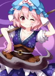 1girl blue_dress blue_hat breasts brown_sash cleavage closed_mouth cosplay dress floral_print ghost hat highres hitodama holding holding_scythe looking_at_viewer medium_hair mob_cap obi one_eye_closed onozuka_komachi onozuka_komachi_(cosplay) pink_eyes pink_hair puffy_short_sleeves puffy_sleeves purple_background ruu_(tksymkw) saigyouji_yuyuko sash scythe short_sleeves simple_background smile solo spiral standing touhou triangular_headpiece