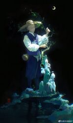 Rule 34 | 1boy, absurdres, aqiu4682, asian, baggy pants, bald, bead necklace, beads, black background, black boots, black eyes, blue pants, blue vest, bonsai, boots, brown hat, chinese clothes, chinese commentary, closed mouth, collared shirt, commentary request, crescent moon, dated, full body, giant, gourd, happy, hat, high collar, highres, jewelry, long sleeves, looking at object, male focus, moon, mountain, necklace, original, pants, puffy long sleeves, puffy sleeves, river, shirt, signature, smile, snow, solo, straw hat, tangzhuang, vest, watermark, weibo watermark, white shirt