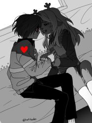1girl 1other antlers buck_teeth collared_shirt commentary couch deer_antlers deer_girl deltarune english_commentary furry furry_female hat_babo heart highres holding_another&#039;s_wrist horns kris_(deltarune) long_hair long_sleeves noelle_holiday on_couch open_mouth pants red_eyes shirt short_hair signature single_horizontal_stripe sitting smile spot_color striped_clothes striped_sweater sweat sweater sweater_vest teeth weird_route_(deltarune)
