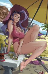 1boy 1girl 2022 ahoge bare_shoulders beach blonde_hair blue_sky breasts capcom cleavage collarbone commentary cre.o.n drinking_straw english_commentary frown guile huge_ahoge large_breasts legs_up long_hair looking_at_viewer muscular muscular_male ocean one-piece_swimsuit outdoors palm_tree parasol pink_one-piece_swimsuit purple_nails rose_(street_fighter) sandals serious shadow sky soda_bottle street_fighter sunglasses_on_head swimsuit table taut_clothes thick_thighs thighs tiptoes tree umbrella very_long_hair