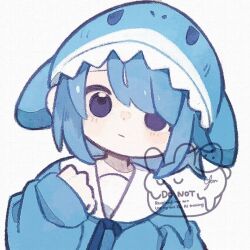 1girl animal_costume animal_hood blue_hair blue_serafuku chibi chibi_only dot_nose hair_over_one_eye hood original purple_eyes school_uniform serafuku shark_costume shark_hood solo upper_body watermark white_background yknsugar