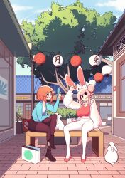 2girls :d absurdres animal animal_ear_fluff animal_ears animal_on_head bag bench black_eyes black_footwear black_skirt blue_jacket boots breasts brown_pantyhose cellphone commentary day english_commentary fiz_(fizintine) fizintine glasses hair_bun highres holding holding_phone jacket lantern large_breasts long_sleeves luna_(fizintine) multiple_girls no_pupils on_head open_mouth orange_hair original outdoors pants pantyhose paper_lantern phone pink_hair puffy_long_sleeves puffy_sleeves rabbit rabbit_ears rabbit_girl rabbit_on_head red_footwear semi-rimless_eyewear shirt shoes short_hair single_side_bun sitting skirt smartphone smile translated tree under-rim_eyewear white_jacket white_pants white_shirt