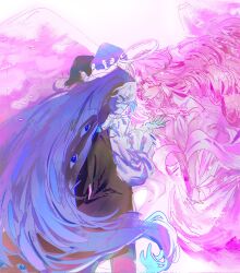 1boy 1girl angel angel_wings aqua_sclera blue_skin brooch colored_sclera colored_skin cookie_run cookie_run:_kingdom eternal_sugar_cookie eye_brooch eye_print eyes_on_wings hat highres humanization jester jester_cap jewelry kerrolyk long_sleeves neck_ruff pink_skin puffy_long_sleeves puffy_sleeves shadow_milk_cookie white_eyeshadow wings