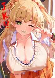 1girl absurdres aged_up blonde_hair blush breasts cleavage collarbone collared_shirt covered_erect_nipples green_eyes grin highres huge_breasts idolmaster idolmaster_cinderella_girls jougasaki_rika long_hair one_eye_closed orange_skirt satoyama_meu shirt skirt smile solo sweater_vest two_side_up v white_shirt wristband yellow_sweater_vest