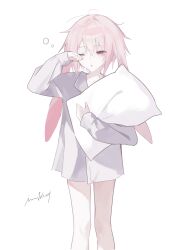 1boy absurdres animal_ears ansel_(arknights) arknights feet_out_of_frame highres holding holding_pillow im_1diot long_sleeves lop_rabbit_ears male_focus pillow pink_hair rabbit_boy rabbit_ears shirt short_hair solo standing white_shirt